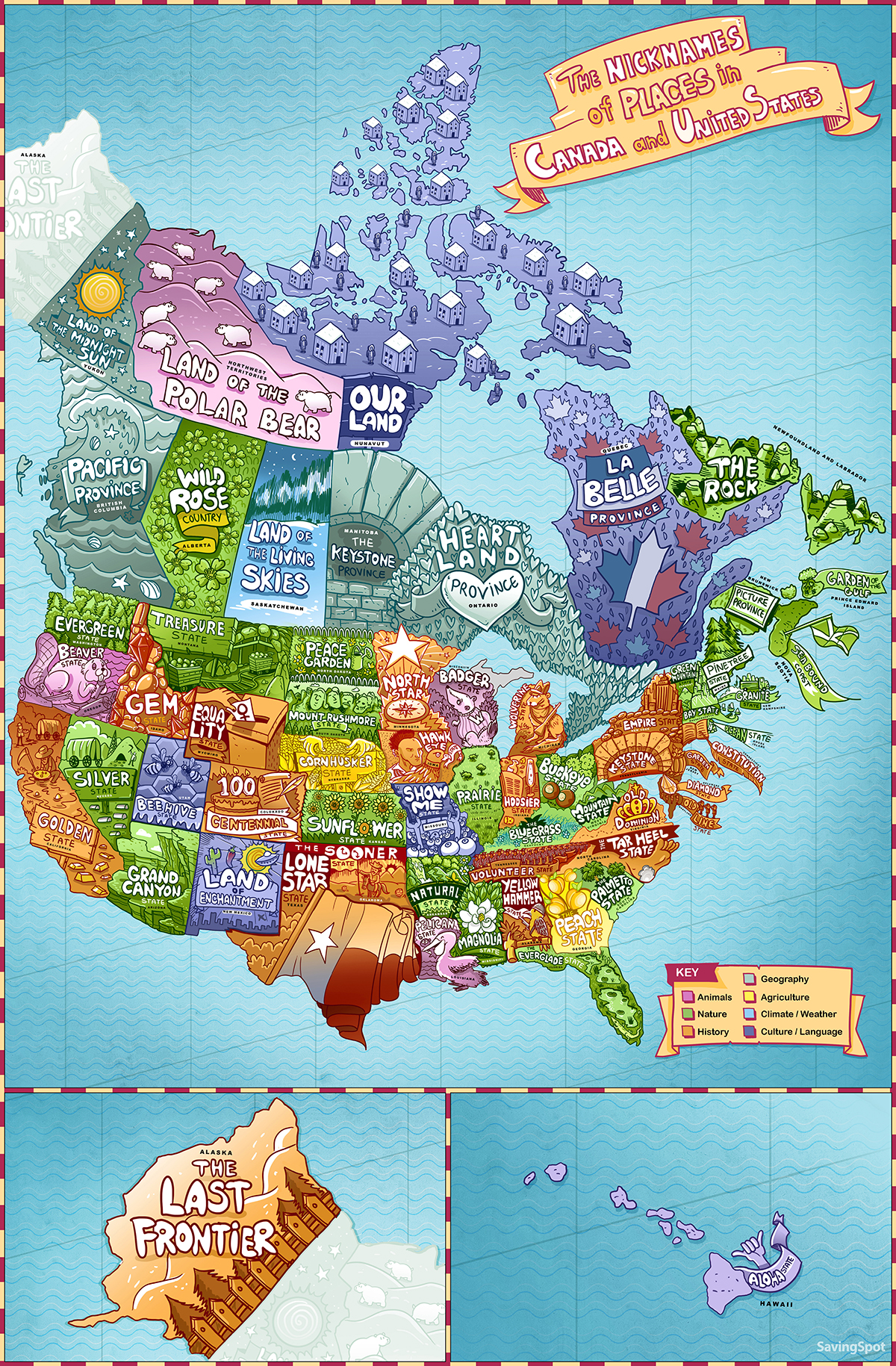 Colorful cartoon map of U.S. and Canada filled in with relative nicknames for each state and province