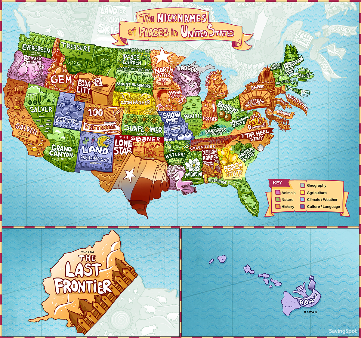 Animated map of united states with the nicknames of each state filled in