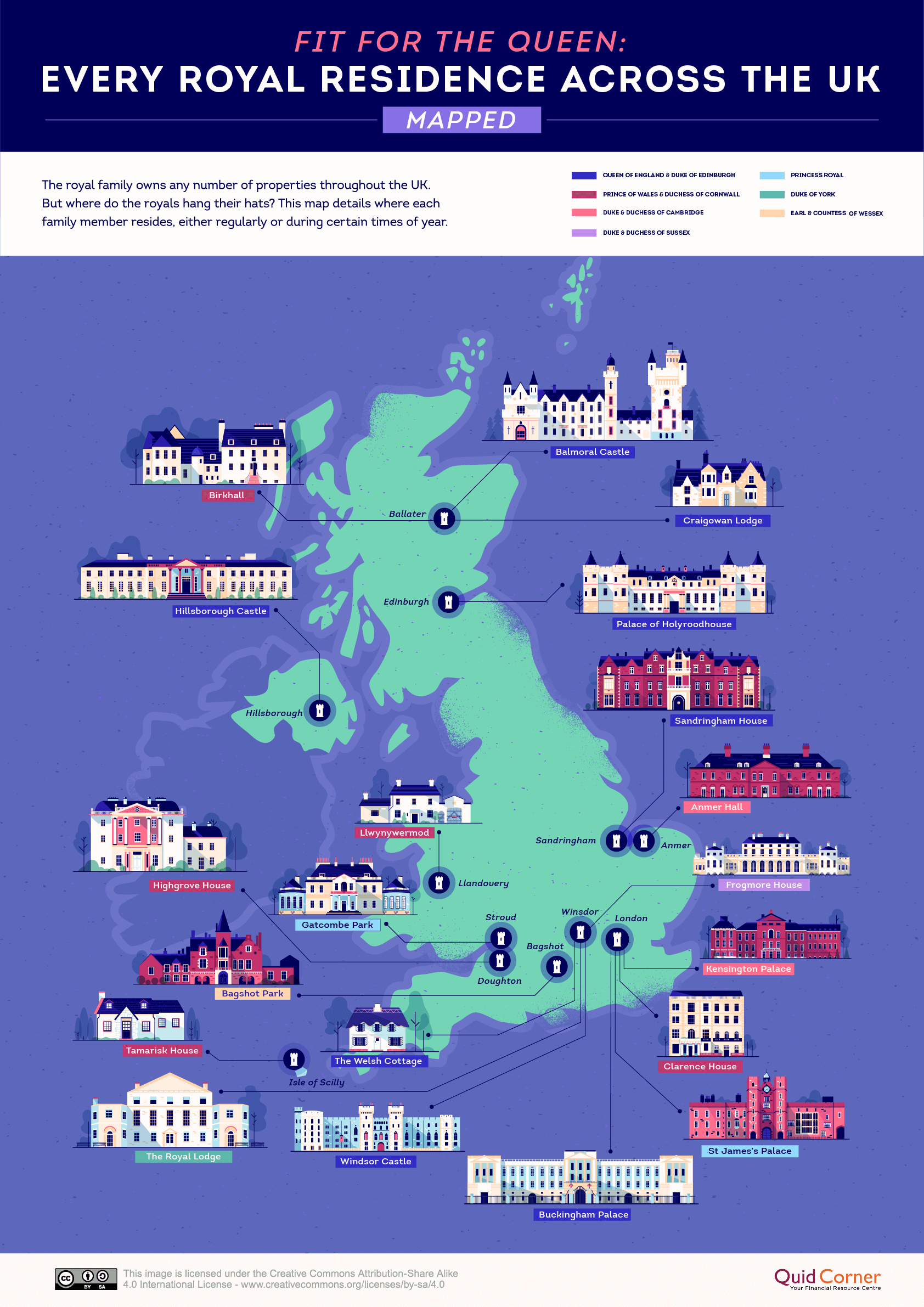 Fit for the Queen Every Royal Residence In the UK, Illustrated Map Of The Queens Castles In England