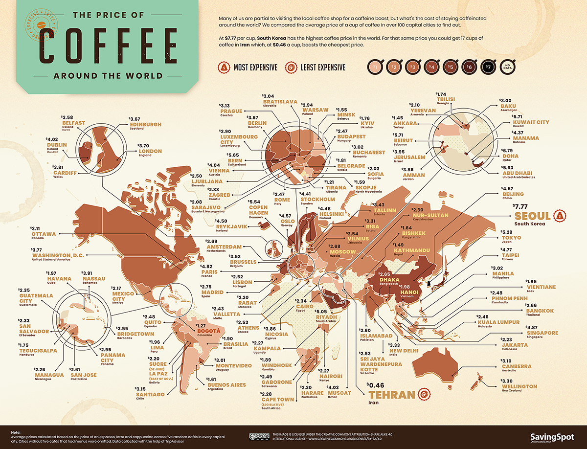 WORLD MAP: Where Is a Cup of Coffee Most Expensive? And Who Drinks 
