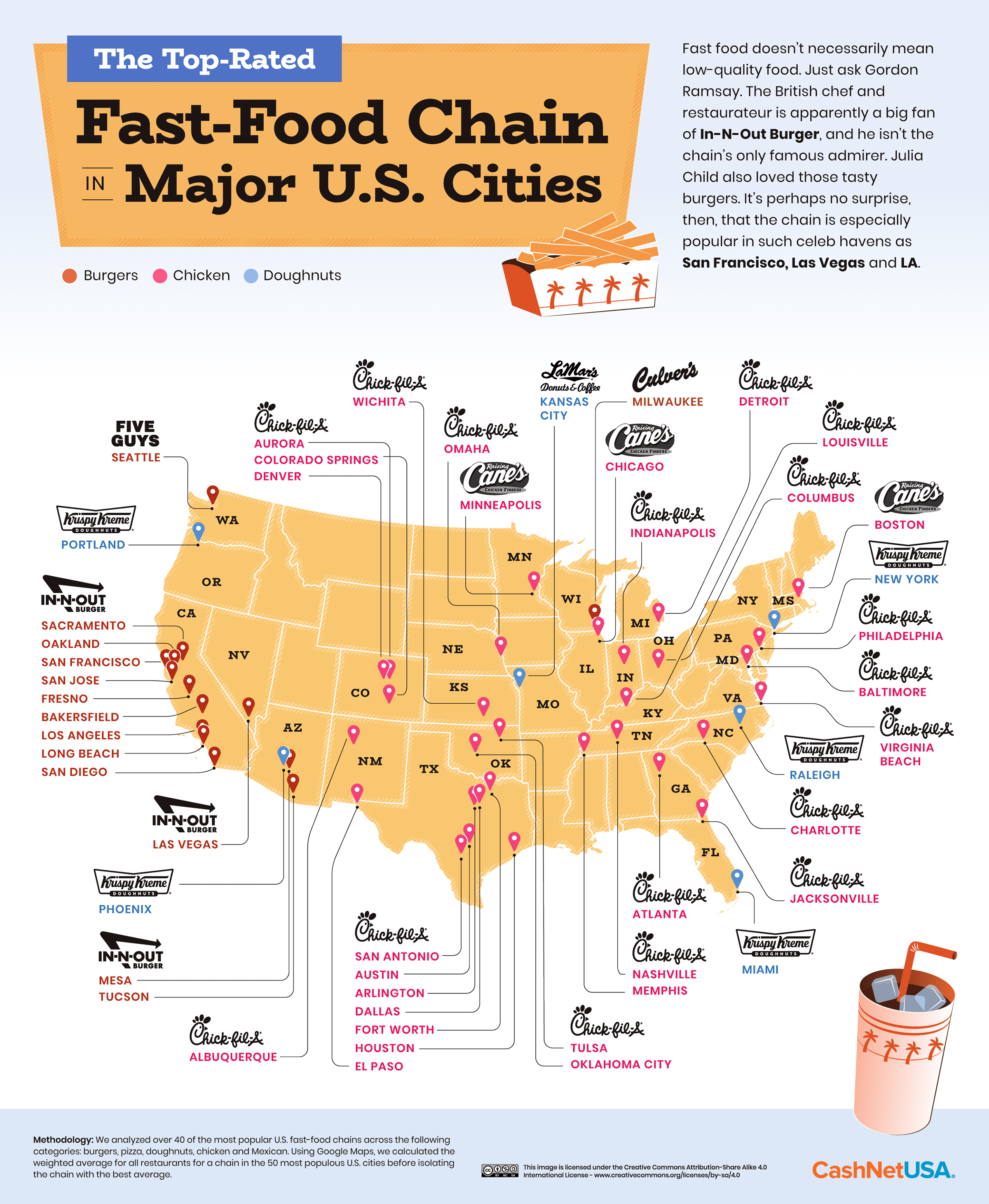 Map of top-rated fast food chains in major U.S. cities.