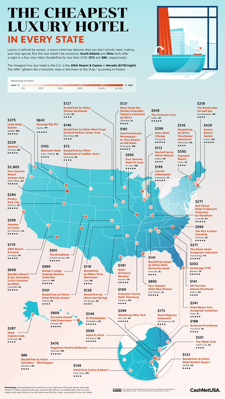Map of the cheapest luxury hotels in every state