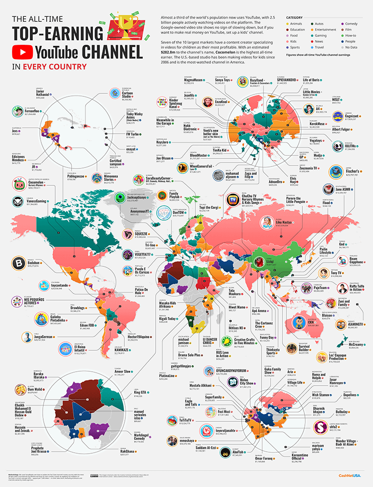 The Top Earning YouTuber in Every Country World Map