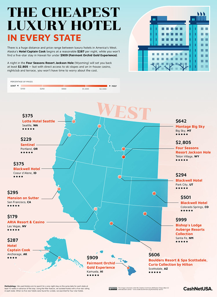 Map Of The Cheapest Luxury Hotel in Every State Map Regions West