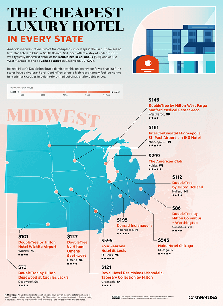 Map Of The Cheapest Luxury Hotel in Every State Map Regions Midwest