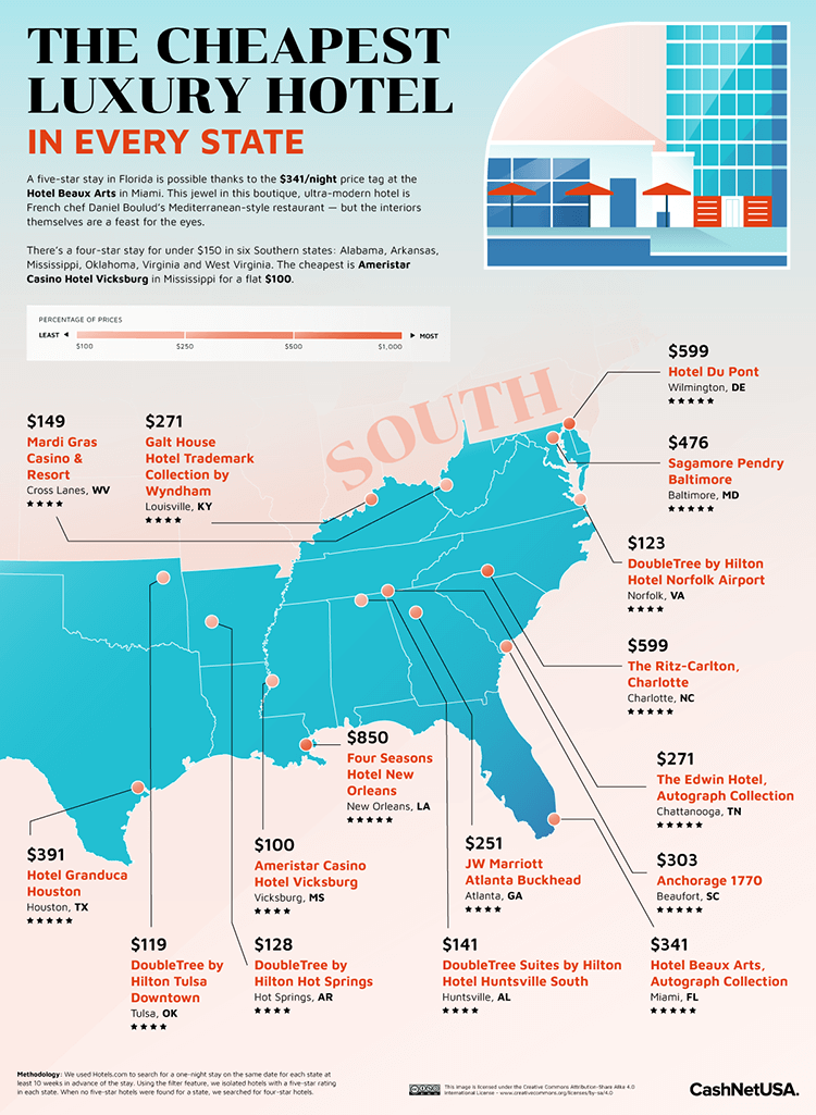 Map Of The Cheapest Luxury Hotel in Every State Map Regions South