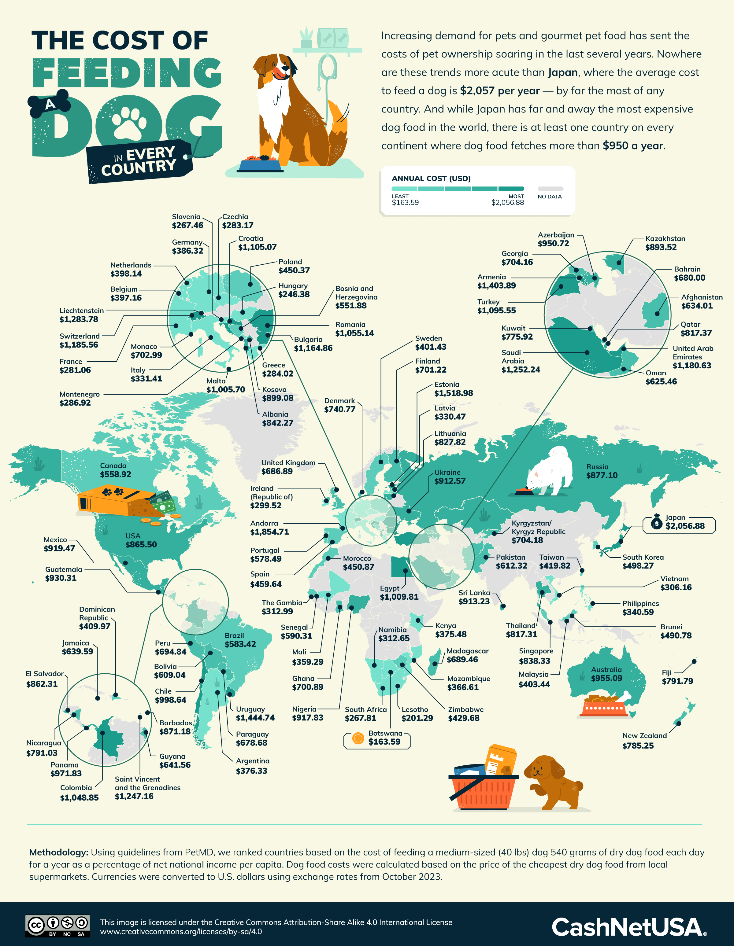 Infographic of a map that shows the cost of feeding a dog per country.